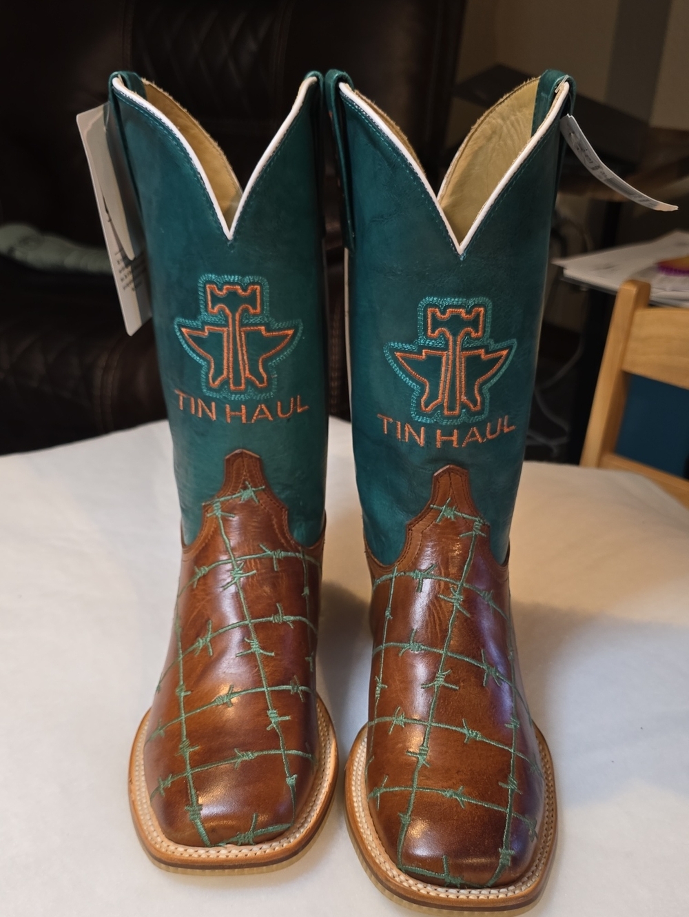 Tin Haul Teal and Brown Barbed Wire Western Boots